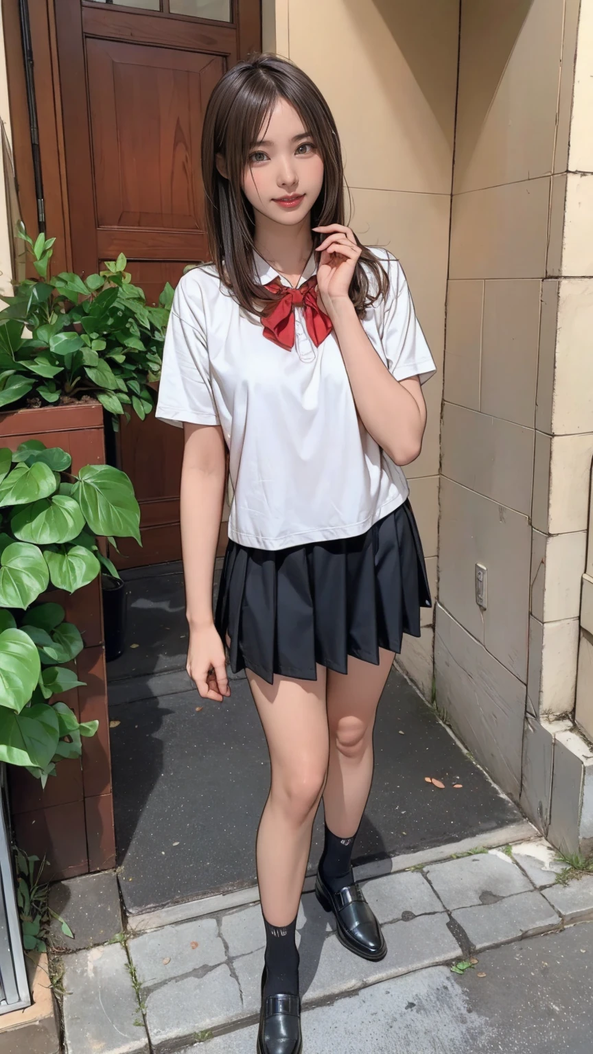 ((masterpiece)),(((Highest quality))),Thin thighs,Long legs,An 18-year-old woman standing on the steps of her school,Japan uniform:1.5,White camellia floral lace bra:1.5,open chest white shirt,The best smile,Short blonde hair:1.5,short side wave,Carrying a black backpack,Wear black loafers,