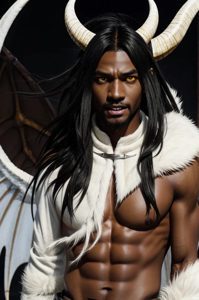 Demon Slayer Screenshot.
Demon with brown skin, White wings, white horns, long black messy hair, slanted eyes, white dragon tail, fangs, 1 honey-colored eye and the other black. Vitiligo Anime
