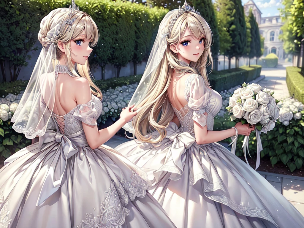 (masterpiece, best quality, beautiful and aesthetic:1.3), look back, looking at viewer, 1girl, solo, light smile, (makeup, long hair, light beige hair, blue eyes:1.2), Octane Render, bridal veil, lace-trimmed dress, see-through, wedding dress, outdoors, white roses, garden, morning, standing, extreme detailed,