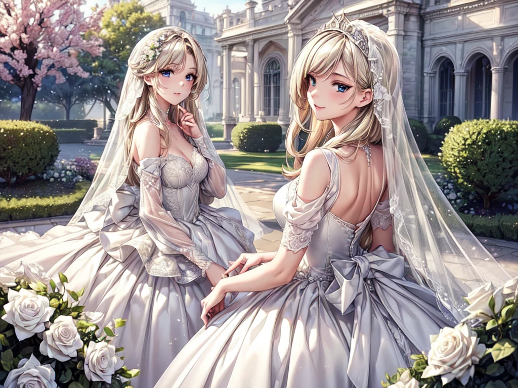 (masterpiece, best quality, beautiful and aesthetic:1.3), look back, looking at viewer, 1girl, solo, light smile, (makeup, long hair, light beige hair, blue eyes:1.2), Octane Render, bridal veil, lace-trimmed dress, see-through, wedding dress, outdoors, white roses, garden, morning, standing, extreme detailed, 