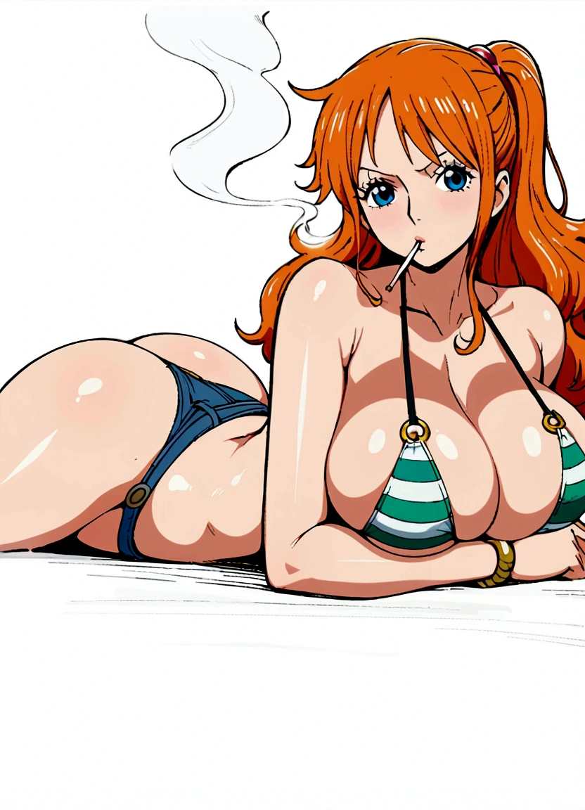 a cartoon picture of a woman in a bikini top and jeans, nami one piece, nami from one piece, nami, beautiful portrait of nami, from one piece, oppai, blue eyes, smoking, ponytail, nsfw