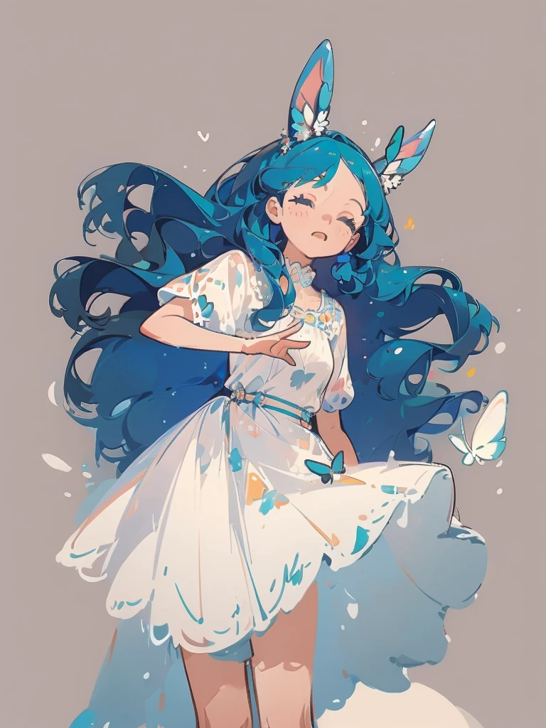 bust-up, 1girl, tosca blue hair, butterfly picking up strands of the hair, blue flower, deer ears, deer antlers, elegant white dress, splash background, solo, sketch, dynamic pose