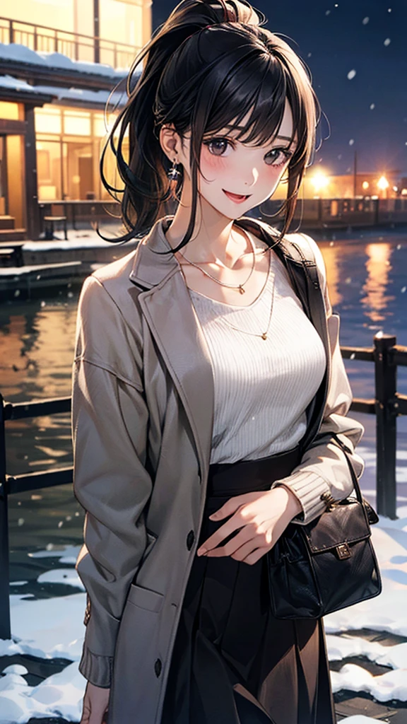 (masterpiece:1.2, Highest quality), (Realistic, photoRealistic:1.4), Beautiful illustrations, (Natural Side Lighting, Cinema Lighting), Browsing Caution, 
View your viewers, 1 Girl, Japanese, Beauty、30 years old,  Perfect Face, Cute and symmetrical face, Shiny skin, 
(Medium Hair, Black Hair、ponytail), Swept-apart bangs, Dark brown eyes, Droopy eyes, Long eyelashes, (Medium chest), Slim body, 
Beautiful Hair, Beautiful Face, Beautiful attention to detail, Beautiful clavicle, Beautiful body, Beautiful breasts, Beautiful thighs, Beautiful feet, Beautiful fingers, 
(Grey heavy coat, sweater, Long skirt)、Bag、Earrings:0.5、necklace:0.5、
(Beautiful views,snow), night, (Seaside)、 Are standing, (smile, Open your mouth a little), 
