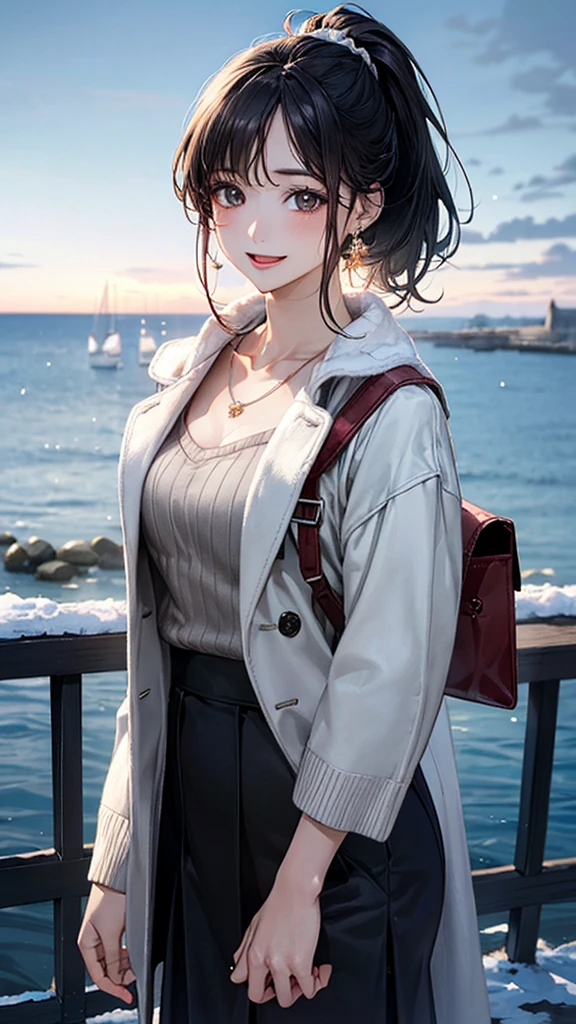 (masterpiece:1.2, Highest quality), (Realistic, photoRealistic:1.4), Beautiful illustrations, (Natural Side Lighting, Cinema Lighting), Browsing Caution, 
View your viewers, 1 Girl, Japanese, Beauty、30 years old,  Perfect Face, Cute and symmetrical face, Shiny skin, 
(Medium Hair, Black Hair、ponytail), Swept-apart bangs, Dark brown eyes, Droopy eyes, Long eyelashes, (Medium chest), Slim body, 
Beautiful Hair, Beautiful Face, Beautiful attention to detail, Beautiful clavicle, Beautiful body, Beautiful breasts, Beautiful thighs, Beautiful feet, Beautiful fingers, 
(Grey heavy coat, sweater, Long skirt)、Bag、Earrings:0.5、necklace:0.5、
(Beautiful views,snow), night, (Seaside)、 Are standing, (smile, Open your mouth a little), 