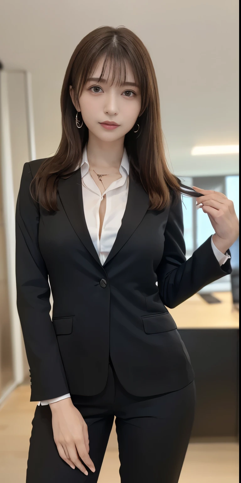 best masterpiece、Highest quality、shape、Very detailed、High resolution、8K wallpaper、Perfect dynamic shape、Beautiful and exquisite、Natural color lip, Random Sexy pose,A very kind smile、、cute、expensive、(Highest quality:1.3)、(masterpiece:1.3)、(The Very detailed手の指:1.3)、(wallpaper, One Girl:1.1)、(Delicate hands and fingers:1.2)、(Detailed super oily shiny skin:1.1)、Beautiful and lustrous thighs、(Sexy black office suit style、The chest is exposed:1.7)、(Big, saggy, firm breasts:1.4)、slender body shape、Brown hair head、(Stable expression:1.5)、((Random hairstyles for medium length hair:1.3))、Beautiful sister、(Model standing in front:1.4)、Sexy pose、(((modern office building background:1.6)))、((Very firm and large breasts:1.1))、(Beautiful double eyelids:1.3)、Looking into the camera、Pelvic expanse、Perfect lighting、Draw the whole body
