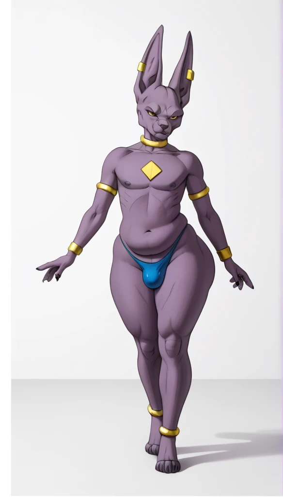 1 boy, furry, violet skin, Beerus From Dragon Ball Super, bedroom, fat ass, wide hips, curvy, slightly chubby, femboy, tall, full body, voluptuos, masterpiece, ultra high quality, detailed hands, detailed body, bulge, thong, detailed face, naked chest