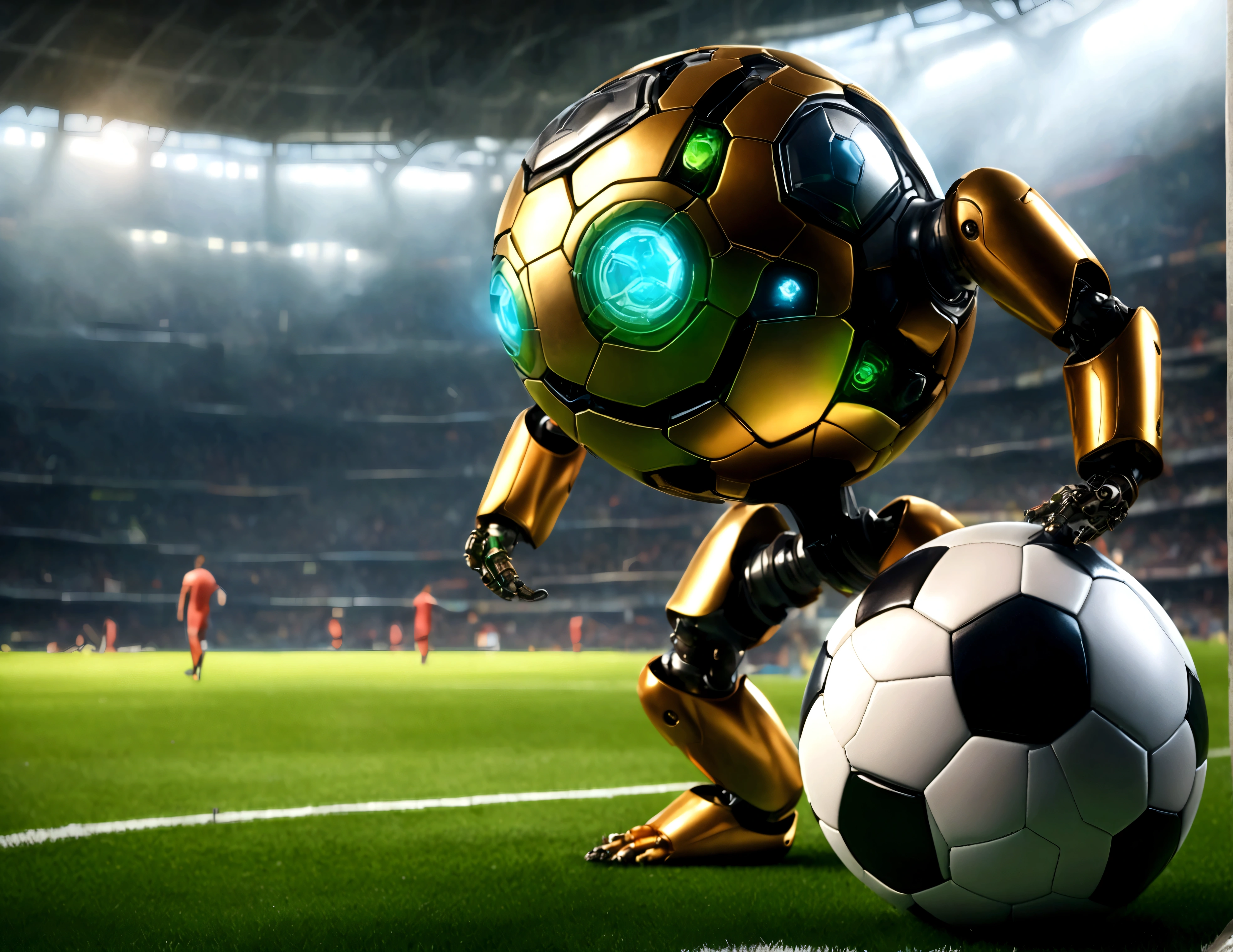 A dapper, mechanical android soccer team, steam vents, lit eyes, playing in a well-lit, packed stadium, teams with different color schemes, only one soccer ball on the field (best quality, 8k, highres, masterpiece:1.2), ultra-detailed, (realistic, photorealistic, photo-realistic:1.37), steam punk, concept art
