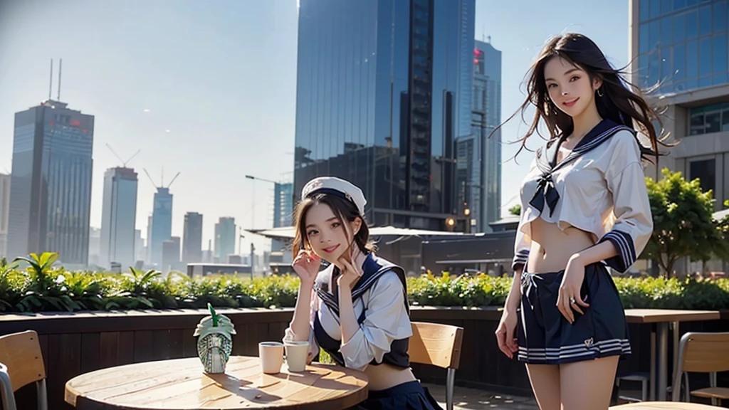 8K、RAW Photos、Highest quality、Super detailed、Super Resolution、Ultra HD、8K壁紙、Amazing details
(((Starbucks outdoor cafe、 high school girl in sailor suit)))、((Eat cake、Drink coffee、smile))、Heart Necklace(Emphasize cleavage)
(y photo)
(((Skyscrapers are visible)))
((I can see my belly button))