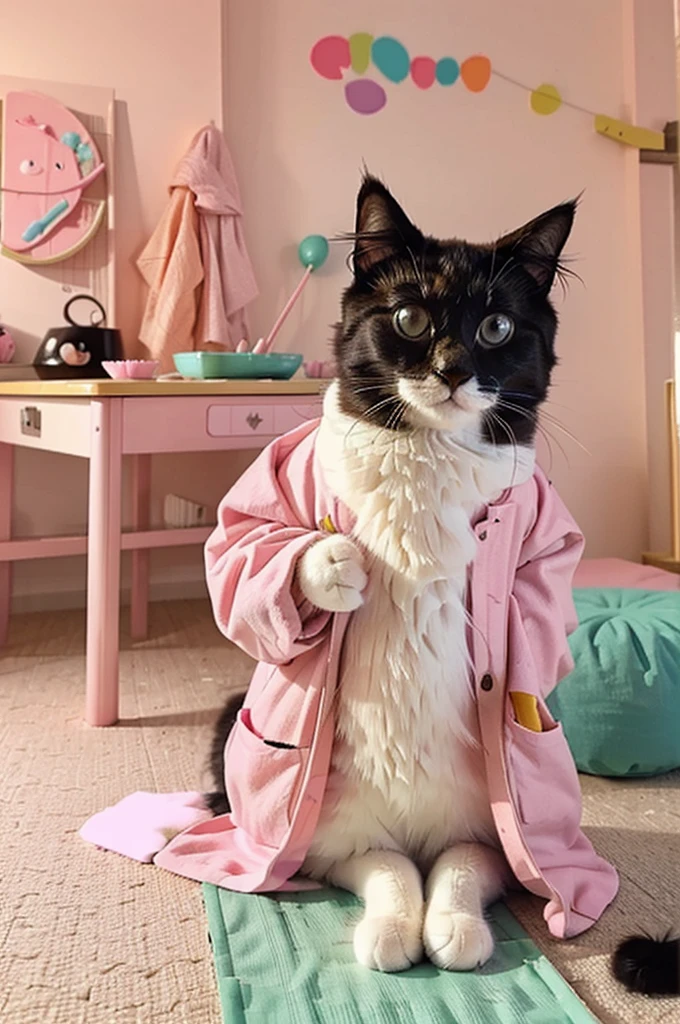 photo of a fluffy cute cat, dressed in sushi suit, pastel print, sushi on the table, colorful room in the background, Pastel shades