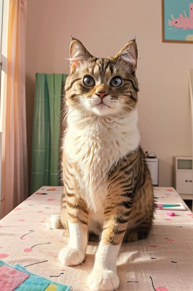 photo of a fluffy cute cat, dressed in sushi suit, pastel print, sushi on the table, colorful room in the background, Pastel shades