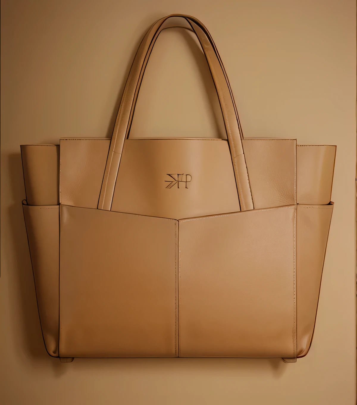 Light beige colored leather tote bag, product photography