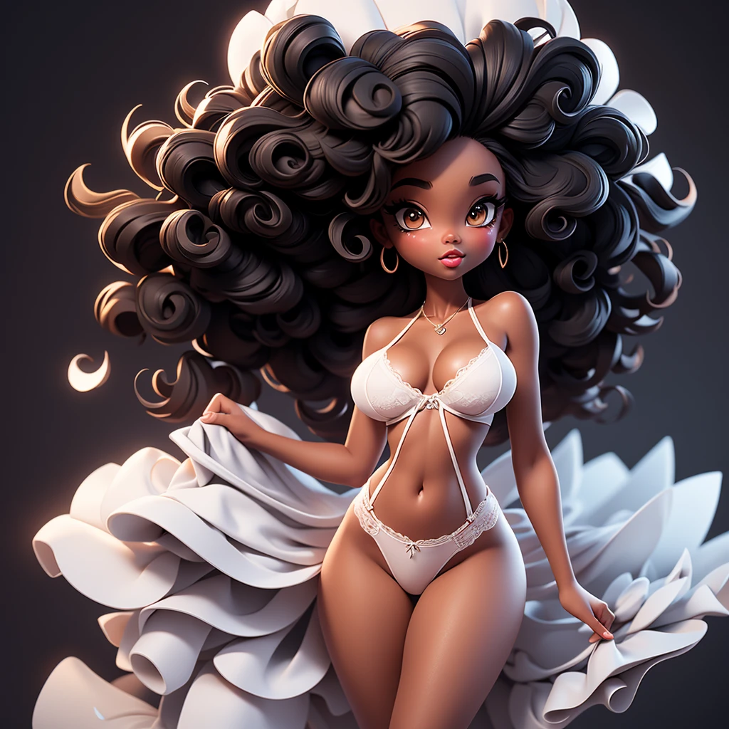  A sexy cartonn black woman in beautiful white lingerie posing gracefully for a photo, sexy lingerie beauty, curly hair, Waist slender, Sexy black girl, mulher de corpo inteiro, wearing lingerie, beautiful seductive black woman, slender figure, cartoon vector style, corpo pin-up, Broad Hips