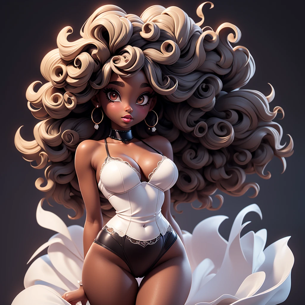 A sexy cartonn black woman in beautiful white lingerie posing gracefully for a photo, sexy lingerie beauty, curly hair, Waist slender, Sexy black girl, mulher de corpo inteiro, wearing lingerie, beautiful seductive black woman, slender figure, cartoon vector style, corpo pin-up, Broad Hips