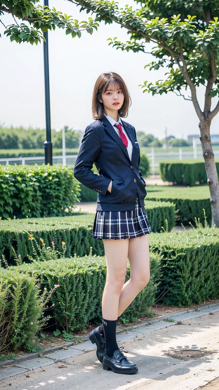 (8K、RAW Photos、Highest quality、masterpiece:1.2)、(Realistic、Realistic)、1 Girl、((Black Check Mini Skirt、High School Uniform、blazer、Navy Socks、loafers、Medium Hair、garden、View from the front、Looking into the camera、Stand with hands on hips))、cute