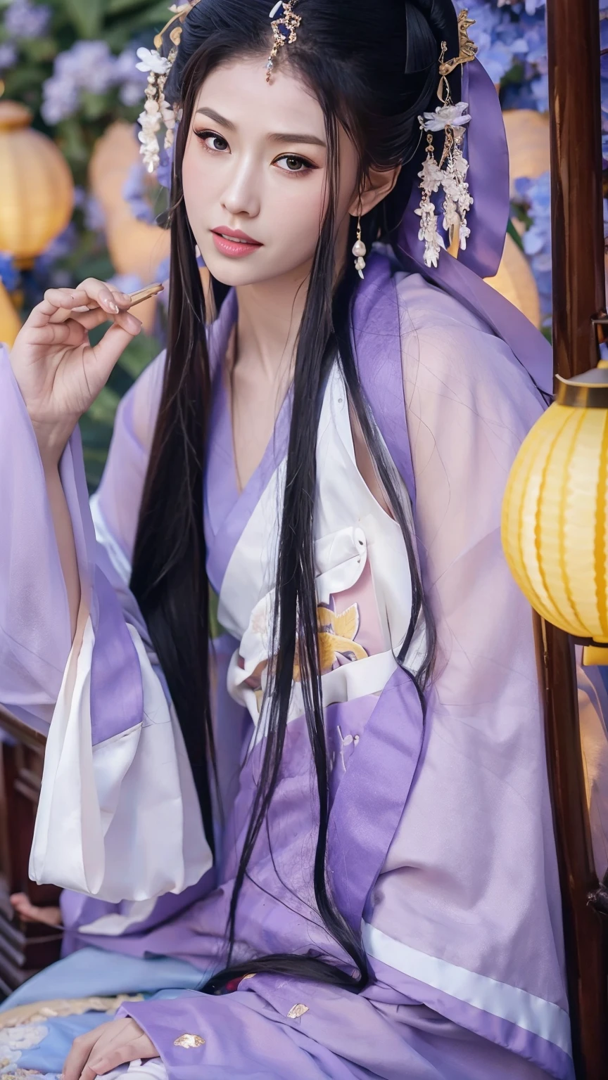 1 fashion model 18 years old [[[[close up]]]], [[[[neck]]]], [[[[Shoulder]]]], Complete head，Perfect eyes, Perfect Iris，Perfect lips，Perfect Teeth，Perfect skin，White skin，Soft headlight，High-density imaging，Black long hair，（Clean and delicate face），((Simple lavender Hanfu))，((Half-length photo))，((night))，((Chinese Lanterns))，((Various dynamic poses))，((The background is the bedroom))，best quality，masterpiece，（Soft colors：1.2）