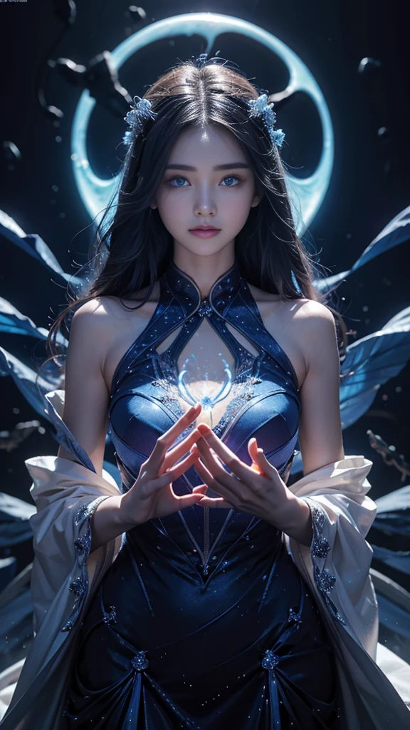 Full figure, seven -clinging shooting, 18 years old, wearing transparent science fiction clothes, exquisite faces, details, hands, ultimate details, amazing magnificence, LED internal lighting, Pedaipan style, fiber hair, glowing blue iris, glowing blue iris. ,,