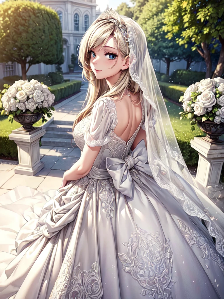 (masterpiece, best quality, beautiful and aesthetic:1.3), look back, looking at viewer, 1girl, solo, light smile, (makeup, long hair, light beige hair, blue eyes:1.2), Octane Render, bridal veil, lace-trimmed dress, see-through, wedding dress, outdoors, white roses, garden, morning, standing, extreme detailed,