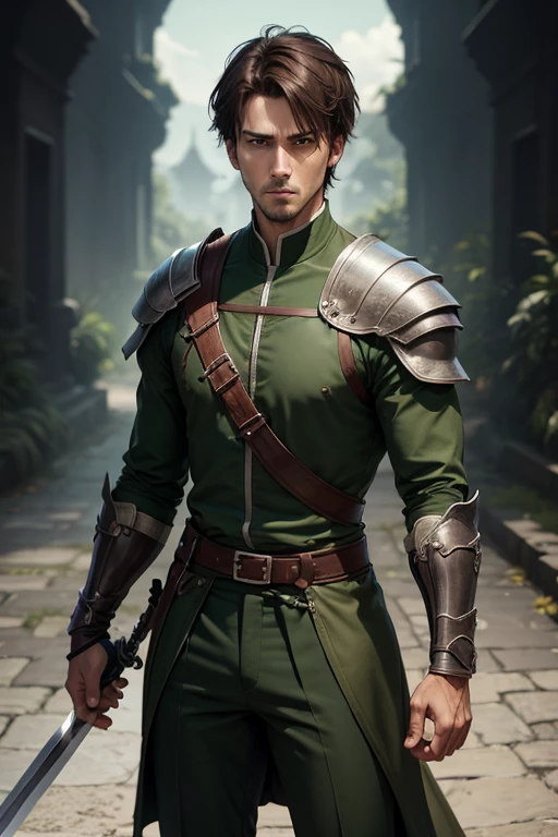 30 year old adult human swordsman with short straight brown hair with a serious look wearing a green outfit 