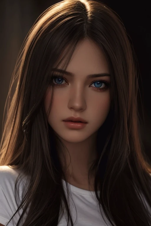 best qualityer, work of art, ultra high resolution, (photorrealistic:1.37), CRU photo, 1 girl, long hair, gorgeous eyes, gorgeous face, detailed eyes and face, t - shirt, dynamic lighting, in dark, deep shadow, subtle, cowboy shot