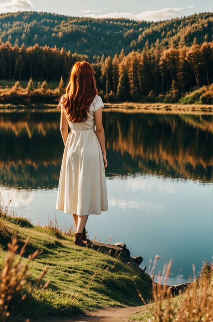 Image of a beautiful copper-haired girl turning her back to the viewer while she looks at a lake 