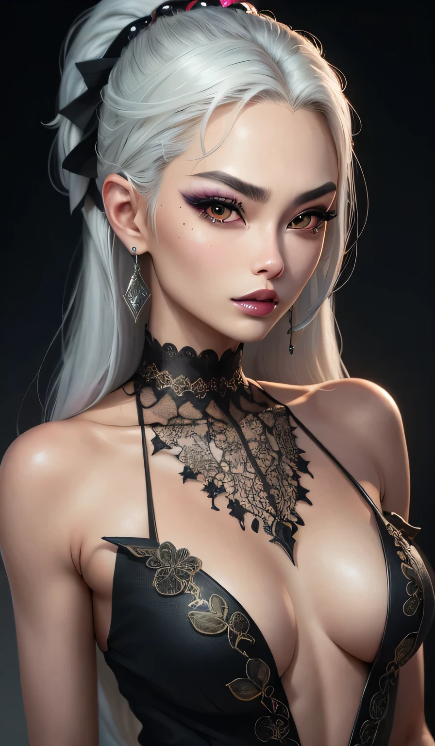 best quality, masterpiece, realistic photo, intricate details, raw photo, ultra detailed, HD quality, 8K, young woman, 20 years old, most beautiful japanese an latina women, super model looks, long slicked back silver hair, dark tanned skin, black eye liner, glowing lime green eyes, trimmed eyebrows, mole under lower lip on the left side, black eye shadow, pinkish lip stick, realistic anime, toei animation artstyle, beautiful face