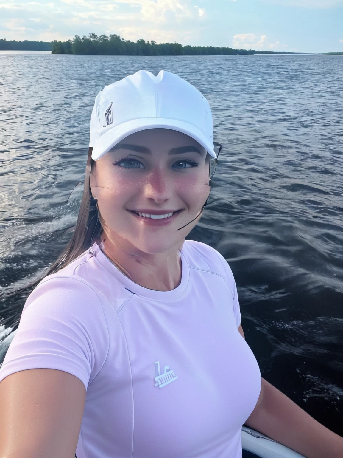 Caucasian female, on a jetski just the steering wheel, river on the background, happy and excited . 35mm photography, film, bokeh, proffesional, 4K, highy detailed