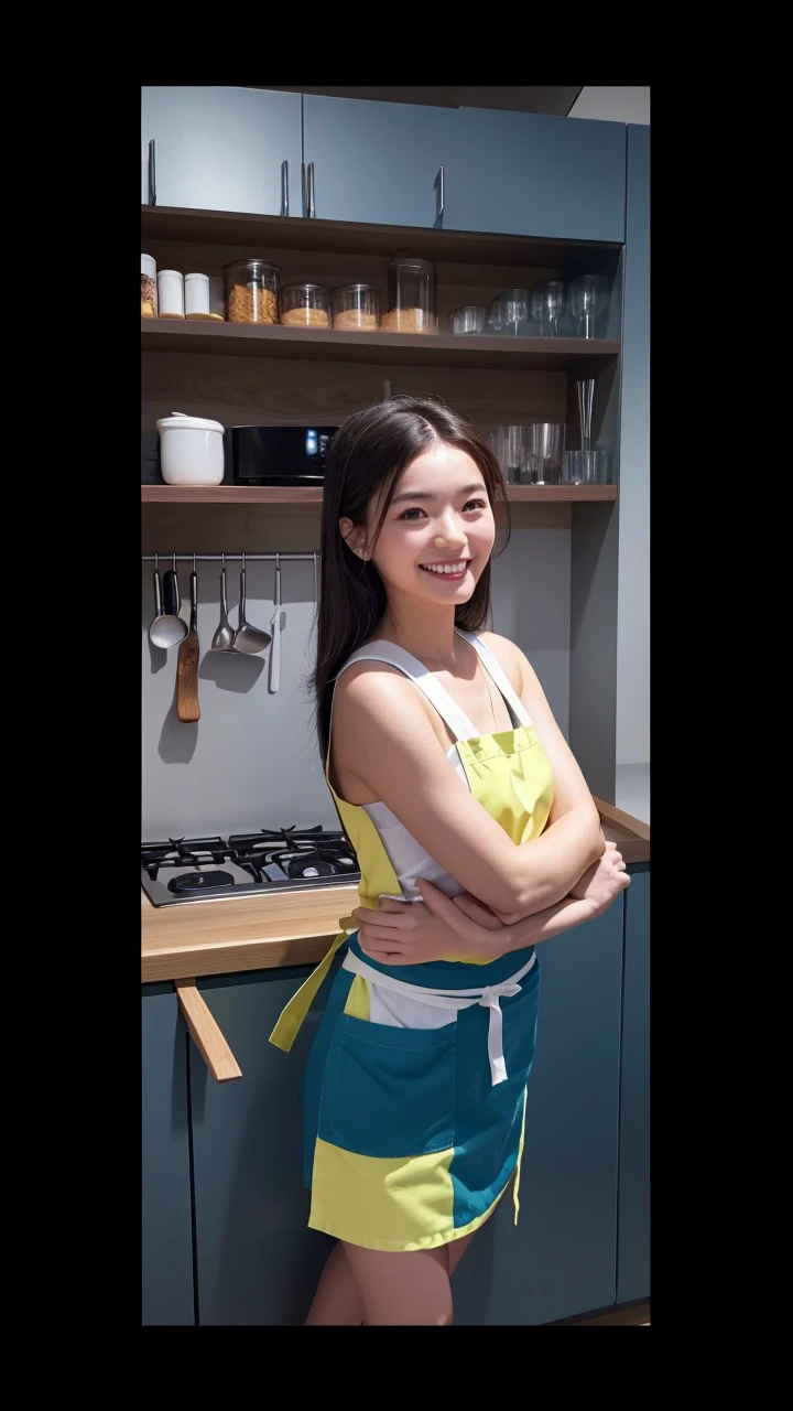 (table top、highest quality、8K、Award-winning work、ultra high resolution)、one beautiful woman、(wearing the most natural and perfect apron:1.1)、(naked apron:1.2)、long hair、(Look at me with your best smile:1.1)、(Show your beautiful teeth and have the best smile:1.1)、perfect beautiful teeth、emphasize body line、(bust up photo:1.1)、(Photo above the waist:1.2)、big breasts、(The most natural and practical kitchen:1.1)、(Perfectly organized and clean kitchen:1.1)、(modern and elegant kitchen:1.1)、(Perfect kitchen with state-of-the-art induction:1.1)、(Beautiful modern kitchen with a unified feel:1.1)、(very bright:1.2)、(very bright and vivid:1.2)、bright、very bright、that'It's very vivid、the most vivid、High chroma、radiant beautiful skin、A refreshing and beautiful perfect window、ultra high resolutionのperfect beautiful teeth、(Ultra high definition glossy skin:1.1)、(very brightly lit、bright and glowing skin:1.2)、Super high-definition sparkling eyes、(accurate anatomy:1.1)、(the most elegant and perfect posture:1.1)、big breasts