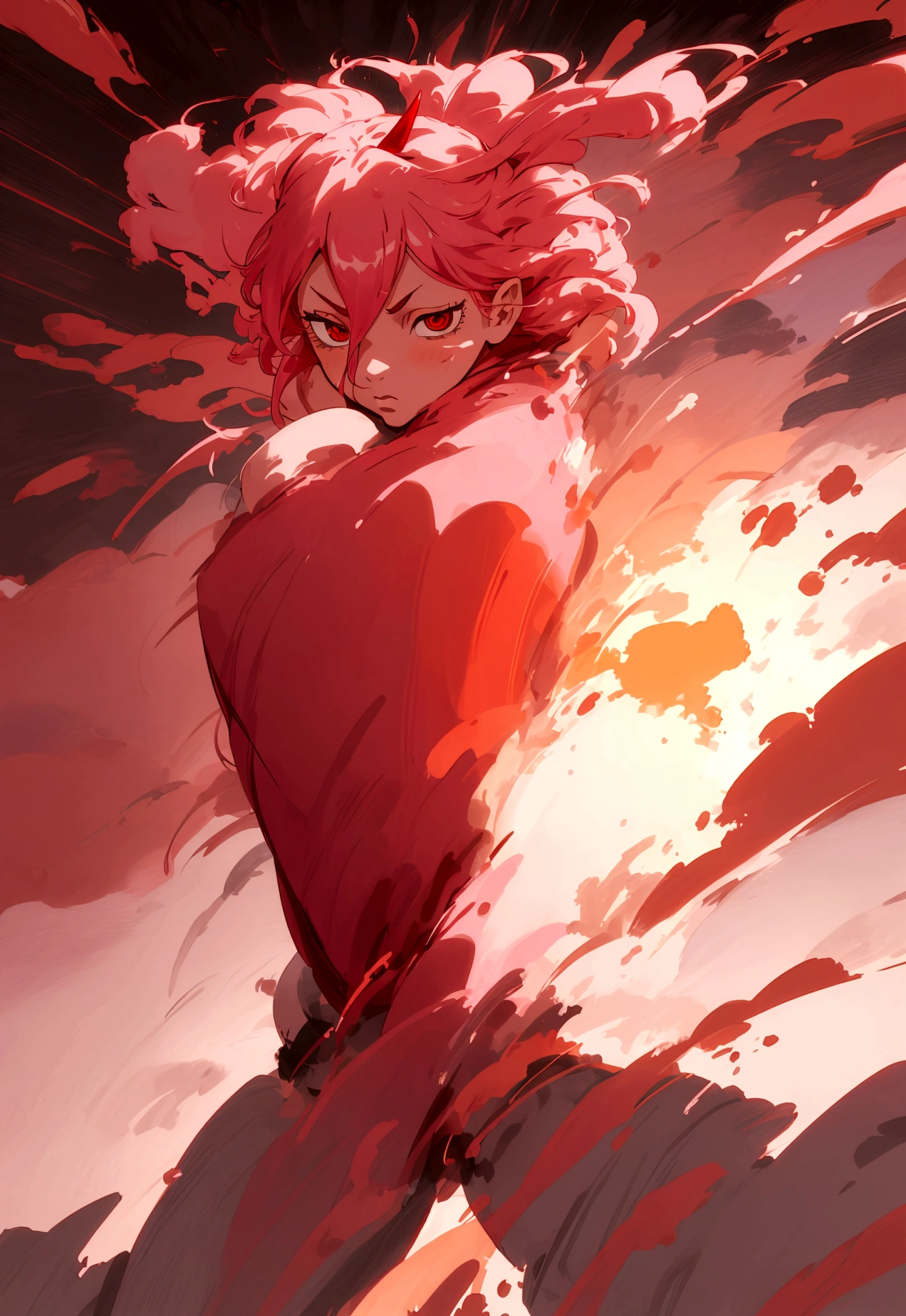 power in niji journey style half body with some perspective girl with pink hair and two red horns on her head in a dynamic and powerful pose in motion saturated warm colors Bold contrast and drama, with a focus on intense lights and shadows. Fluidity and movement, with a fresh and contemporary style. childish tones: Dynamic and detailed composition, with emphasis on action and movement.