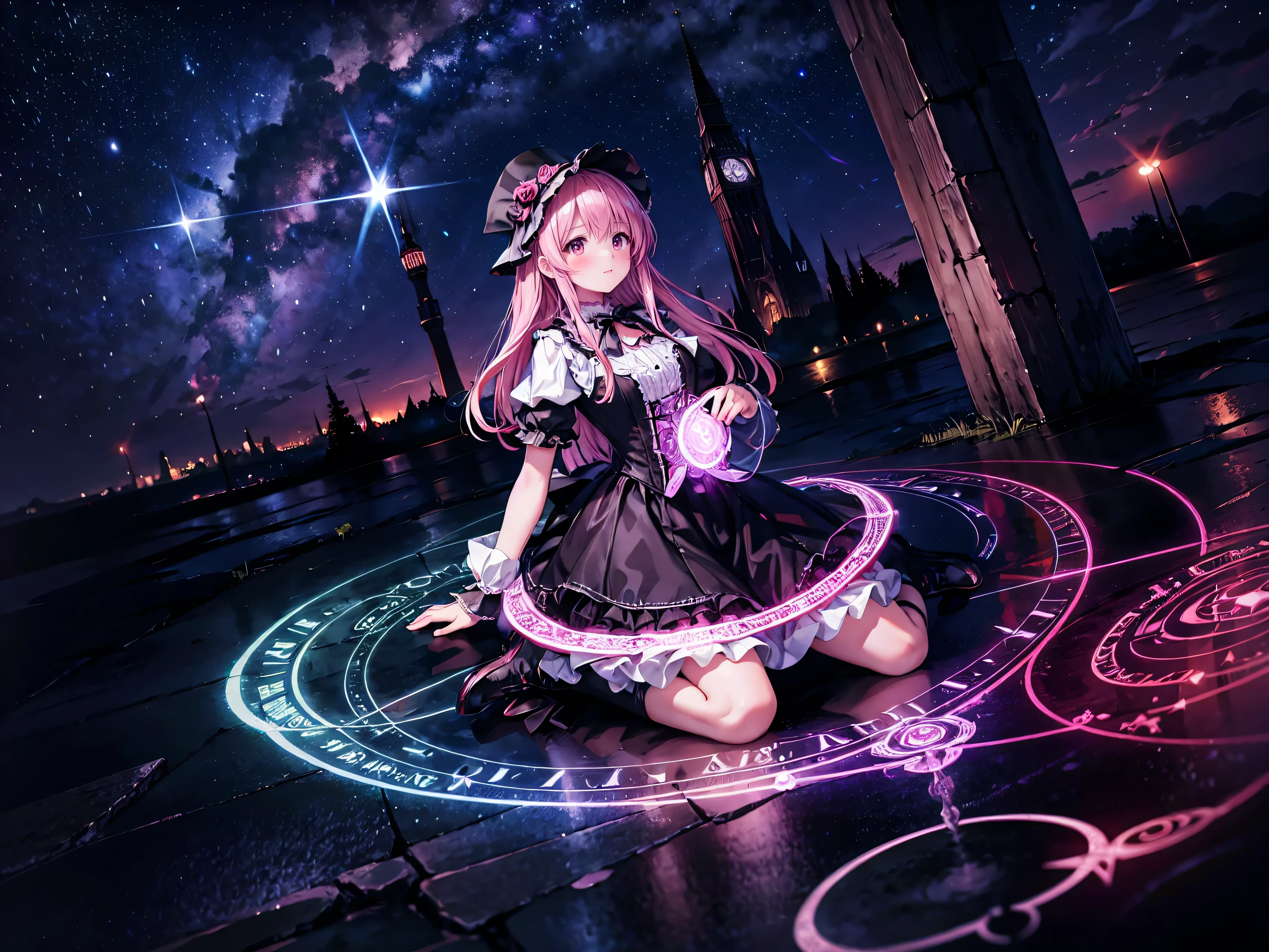 black and pink outfit sitting on a bench, top clothes pink sleeveless top clothes, ta Style, Loliashion, Cute as an angel, black and pink gothic lolita d, Magical Lolita Girl,fled Costume, victorian gothic Lolita Fashion, c , Witchcore Outfit, , Layering, (((Masterpiece, Super detail, top quality, ultra high res, Spectacular Quality, Distinguished Quality, ultra detailed, unity 16k, ultra photo realistic))), (huge magic circle drawn in the sky and on the ground in night:1.5),