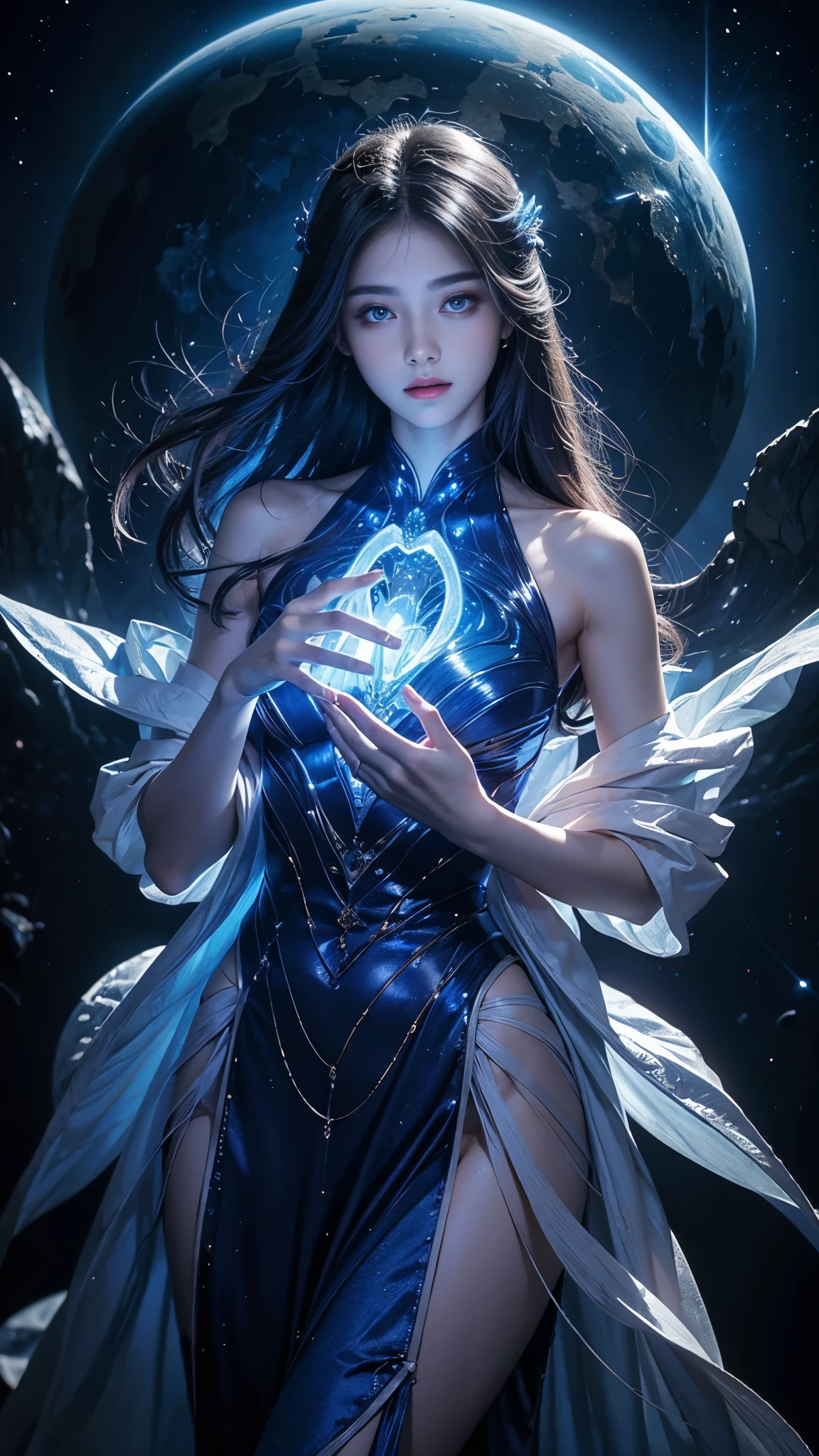 Full figure, seven -clinging shooting, 18 years old, wearing transparent science fiction clothes, exquisite faces, details, hands, ultimate details, amazing magnificence, LED internal lighting, Pedaipan style, fiber hair, glowing blue iris, glowing blue iris. ,,