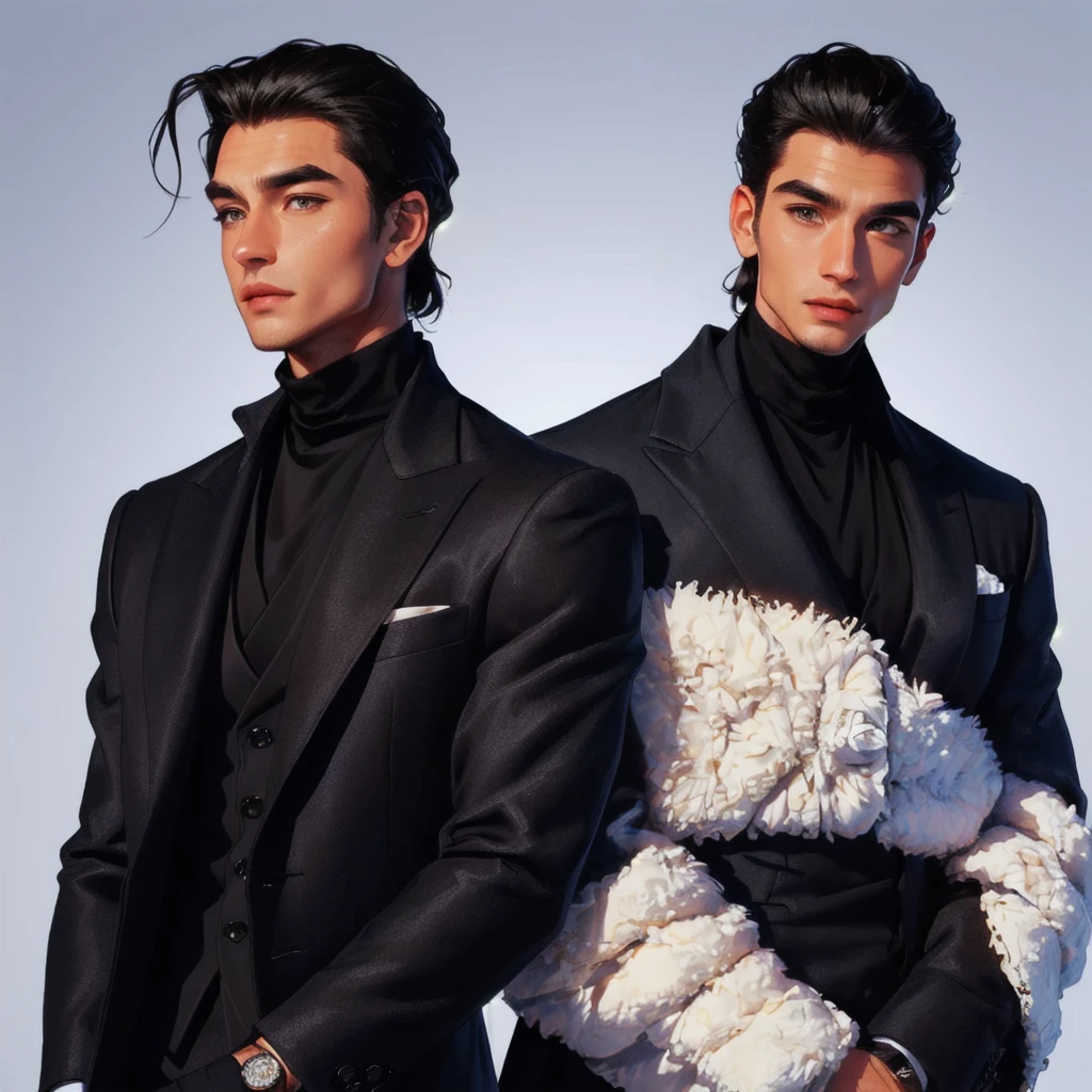 Arafed image of a man in a black suit and turtleneck., well maintained model, wearing turtleneck, wearing a turtleneck and a jacket, Male model, slippery hair, man in black suit, black turtleneck, short hair on top of your head, a handsome man，short black hair, sharp jaw, slicked back hair