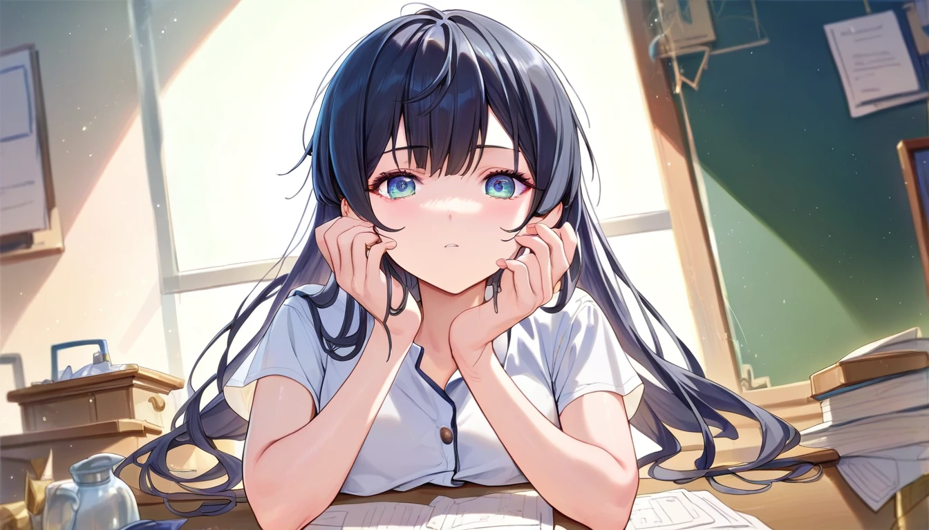 score_8_up, masterpiece, best quality, 1girl, solo, in a study room, sitting at a desk, black long hair, short sleeve shirt, head in hands, facing viewer, staring, 