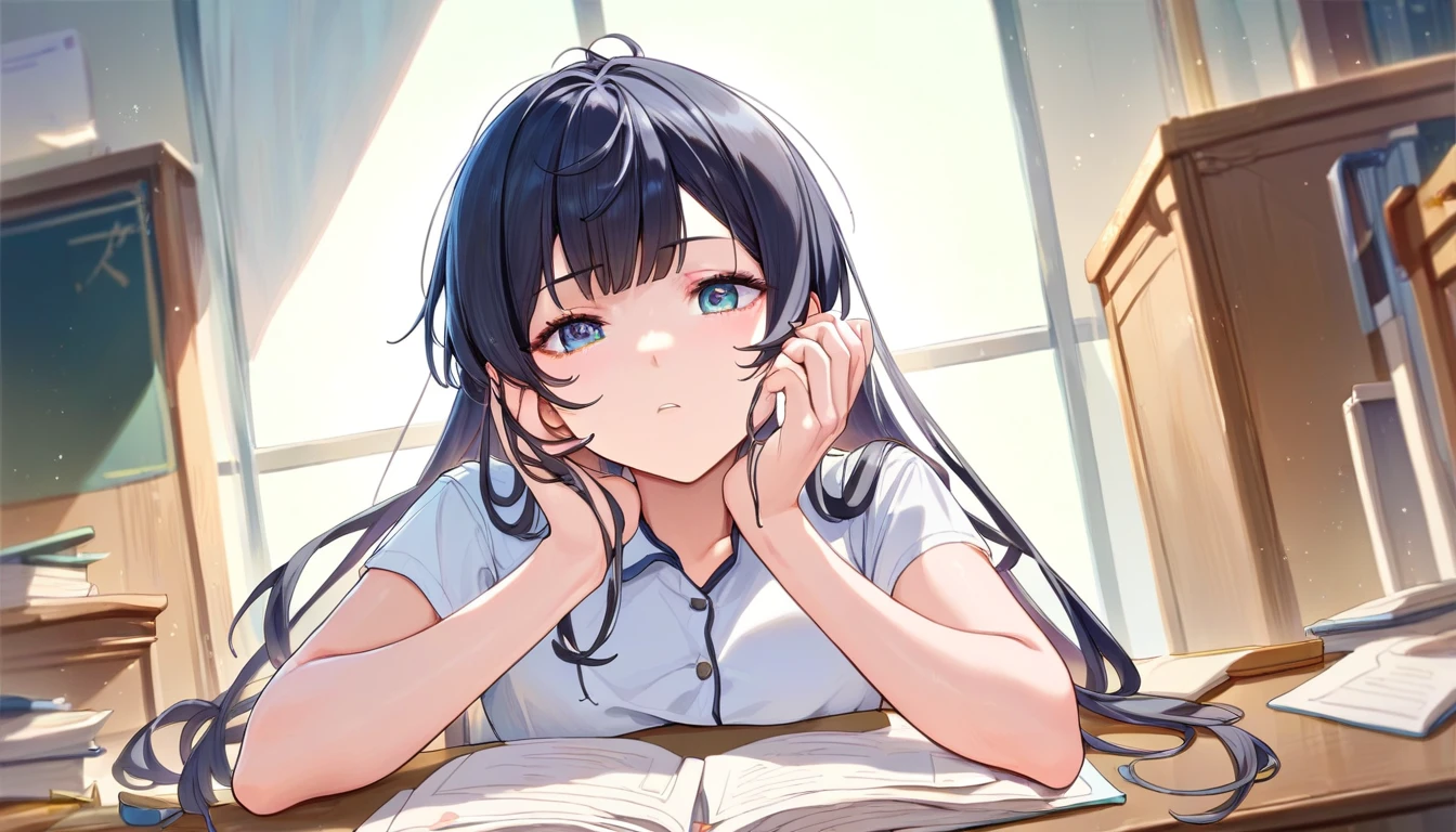 score_8_up, masterpiece, best quality, 1girl, solo, in a study room, sitting at a desk, black long hair, short sleeve shirt, head in hands, facing viewer, staring, 