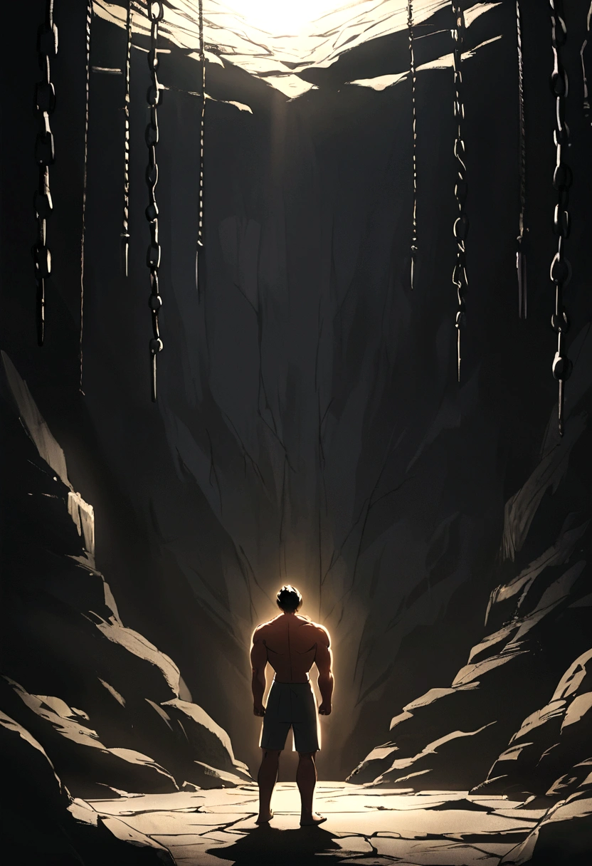 A muscular young man, shirtless with lightly defined muscles, is standing with his arms pulled upward by chains, giving the impression that he is imprisoned. He has a determined expression on his face, showing resilience. The background is a desolate cave, with rough, uneven walls and a dark, inhospitable atmosphere. There is a single, focused light shining down on the young man, casting dramatic shadows and highlighting his figure, while the rest of the cave remains shrouded in darknessn, anime.