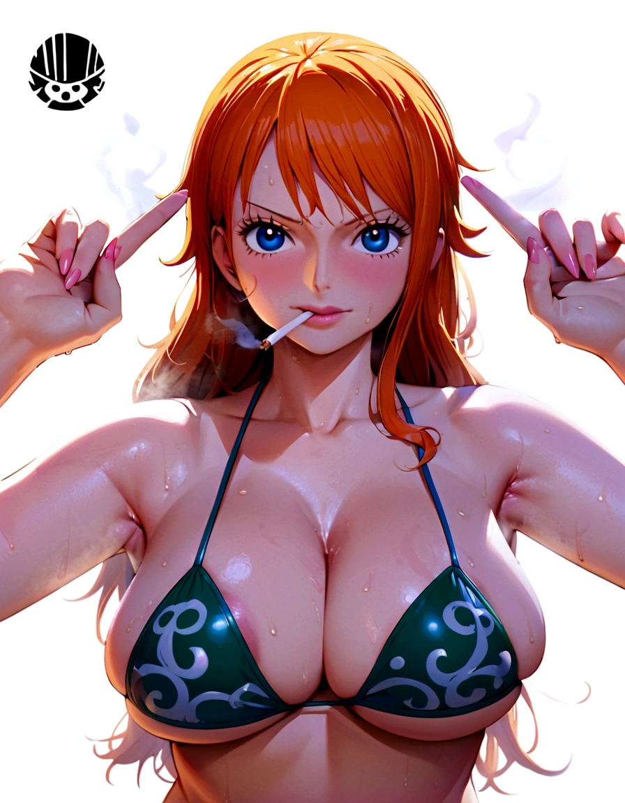 a cartoon picture of a woman in a bikini top and jeans, nami one piece, nami from one piece, nami, beautiful portrait of nami, from one piece, oppai, blue eyes, smoking, ponytail, nsfw