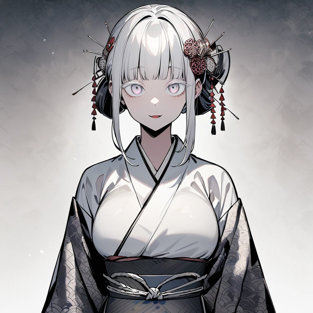 girl, Japanese pattern, yandere, cool, looking at viewer, white tone, hair ornament, Japanese paper background, front view, colored eyelashes, silver, multiple, large breasts, illustration,tight skin,Inorganic