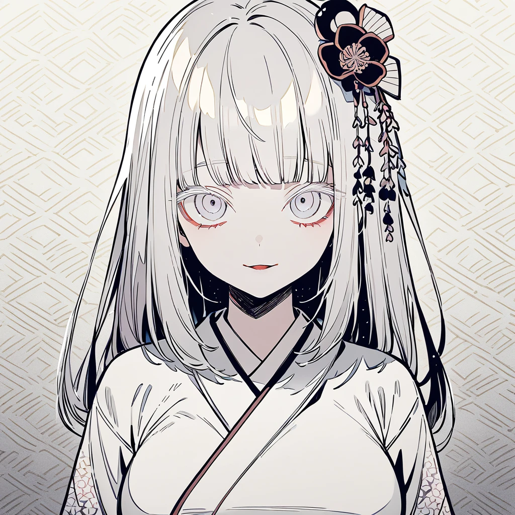 girl, Japanese pattern, yandere, cool, looking at viewer, white tone, hair ornament, Japanese paper background, front view, colored eyelashes, silver, multiple, large breasts, illustration,tight skin,Inorganic