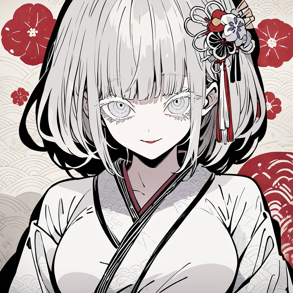 girl, Japanese pattern, yandere, cool, looking at viewer, white tone, hair ornament, Japanese paper background, front view, colored eyelashes, silver, multiple, large breasts, illustration,tight skin,Inorganic