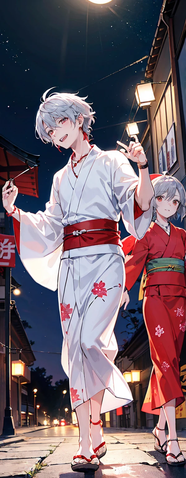High resolution, High resolution,2D Anime Style,,Cool guy,Mature,,20th generation,short hair,Silver Hair,Red eyes,Beautiful Watches,Beautiful earrings,Beautiful Necklace,Wearing a yukata,He is laughing a little,night,walking,festival