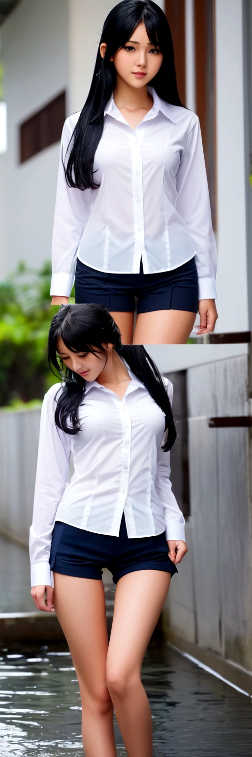 ((Nipples visible through white shirt))、((Wet shirt))、No underwear、Full body view、Long straight black hair、high school student、uniform、sexy、bra、Japanese、17 years old、