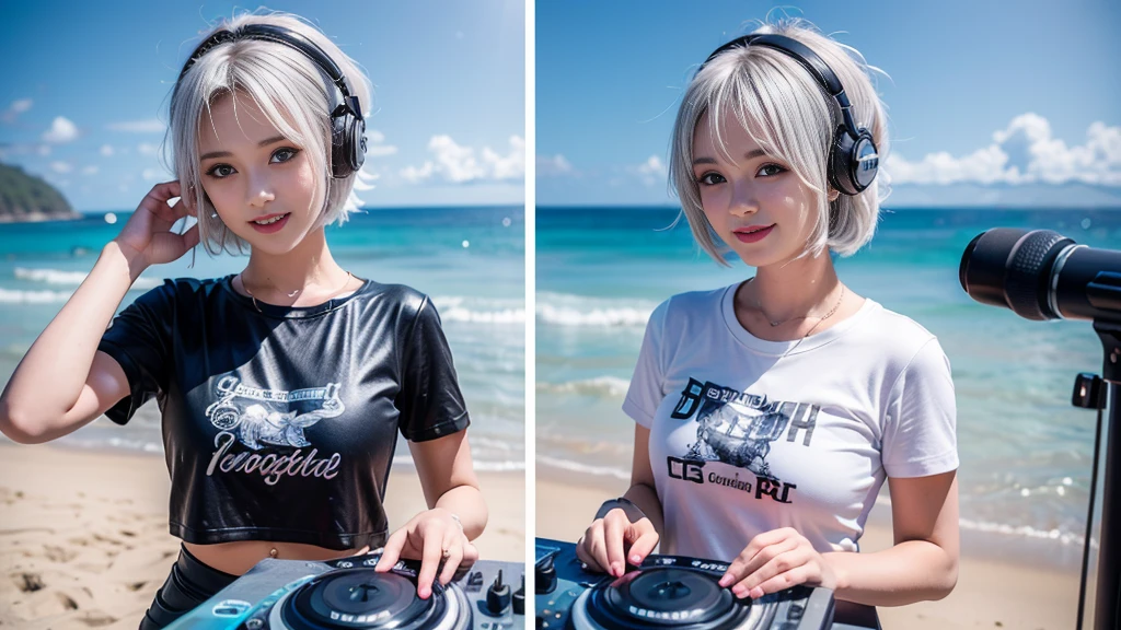 (ultra - detailed, 16K resolution, Cinema lenses, rendering by octane), (high resolution:1.18), intricate detail, (masterpiece:1.1), (highest quality:1.1), (1girl, portrait, white hair, blue eyes, short hair, detailed eyes),Wearing silver DJ headphones, Shiny silver sequined T-shirt, (in the beach:1.5), (Iconic hip-hop pop costumes:1.3), Smile while DJing on stage, DJ studio next to the beach, ((A stylish DJ stage on a hill overlooking the beach)), full body shot, Photorealistic photography by Sunshine, (cute round face:1.3), perfect fingers, five fingers, beautiful hands, perfect hands. master peace, cute smile.