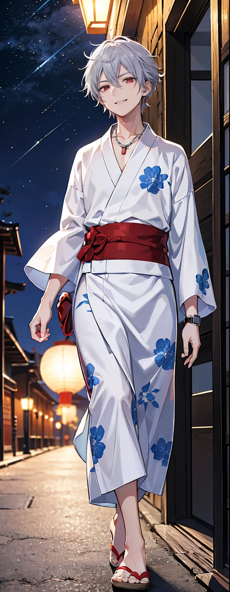 High resolution, High resolution,2D Anime Style,,Cool guy,Mature,,20th generation,short hair,Silver Hair,Red eyes,Beautiful Watches,Beautiful earrings,Beautiful Necklace,Wearing a yukata,He is laughing a little,night,walking,festival