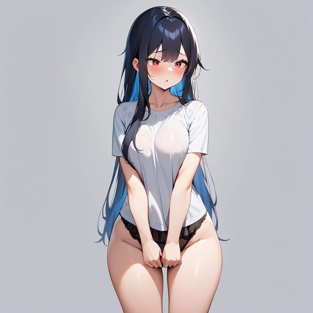 nsfw,1 girl,Solo,(blue hair),black hair,red eyes,long hair,Tsurime,Curvy,best quality, very aesthetic, absurdres,straight,masterpiece, best quality, very aesthetic, absurdres,v arms,Thighs,cowboy shot,Embarrassing, have_to_pee,pantie,illustration