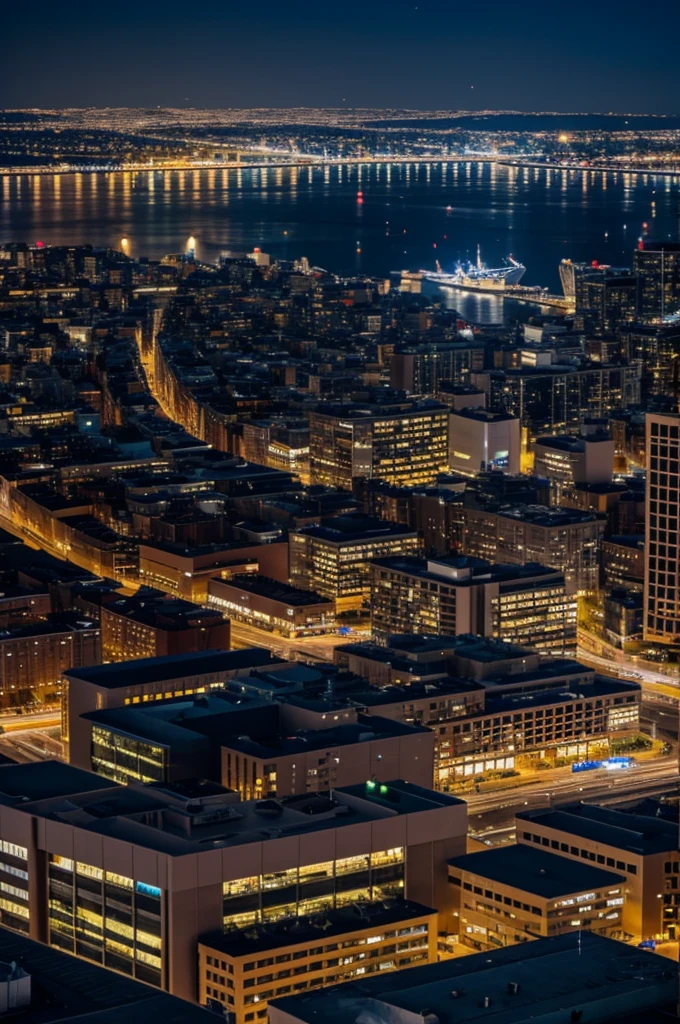 Night with beautiful stars from a point of view from a building roof overlooking the city with more buildings around it
