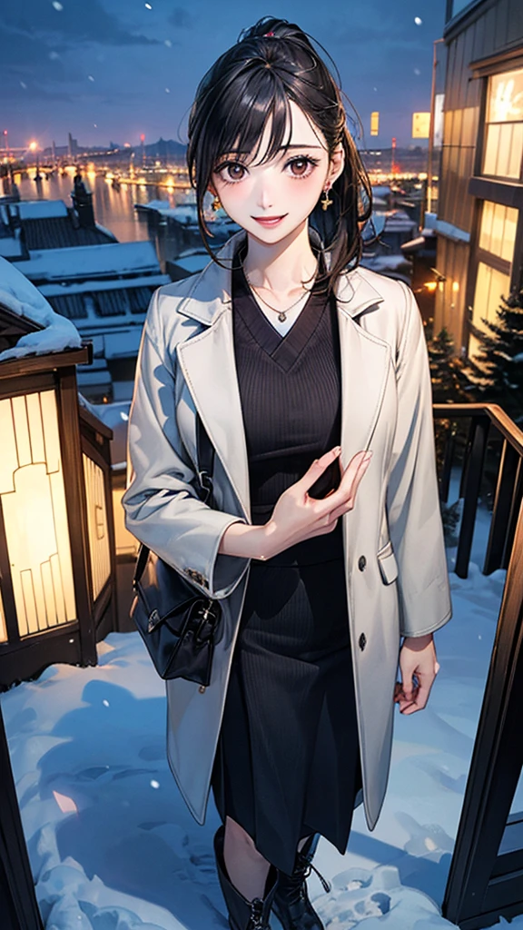 (masterpiece:1.2, Highest quality), (Realistic, photoRealistic:1.4), Beautiful illustrations, (Natural Side Lighting, Cinema Lighting), Browsing Caution,
View your viewers, 1 Girl, Japanese, Beauty、30 years old, Perfect Face, Cute and symmetrical face, Shiny skin,
(Medium Hair, Black Hair、ponytail), Swept-apart bangs, Dark brown eyes, Droopy eyes, Long eyelashes, (Medium chest), Slim body,
Beautiful Hair, Beautiful Face, Beautiful attention to detail, Beautiful clavicle, Beautiful body, Beautiful breasts, Beautiful thighs, Beautiful feet, Beautiful fingers,
(Grey heavy coat, sweater, Long skirt)、short boots、Bag、Earrings:0.2、necklace:0.5、
(Beautiful views,snow), Night view, (From the summit)、 Are standing, (smile, Open your mouth a little),