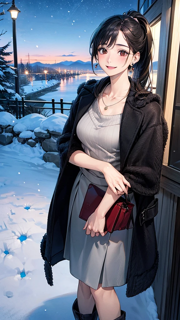 (masterpiece:1.2, Highest quality), (Realistic, photoRealistic:1.4), Beautiful illustrations, (Natural Side Lighting, Cinema Lighting), Browsing Caution, 
View your viewers, 1 Girl, Japanese, Beauty、30 years old,  Perfect Face, Cute and symmetrical face, Shiny skin, 
(Medium Hair, Black Hair、ponytail), Swept-apart bangs, Dark brown eyes, Droopy eyes, Long eyelashes, (Medium chest), Slim body, 
Beautiful Hair, Beautiful Face, Beautiful attention to detail, Beautiful clavicle, Beautiful body, Beautiful breasts, Beautiful thighs, Beautiful feet, Beautiful fingers, 
(Grey heavy coat, sweater, Long skirt)、short boots、Bag、Earrings:0.2、necklace:0.5、
(Beautiful views,snow), Night view, (From the summit)、 Are standing, (smile, Open your mouth a little), 