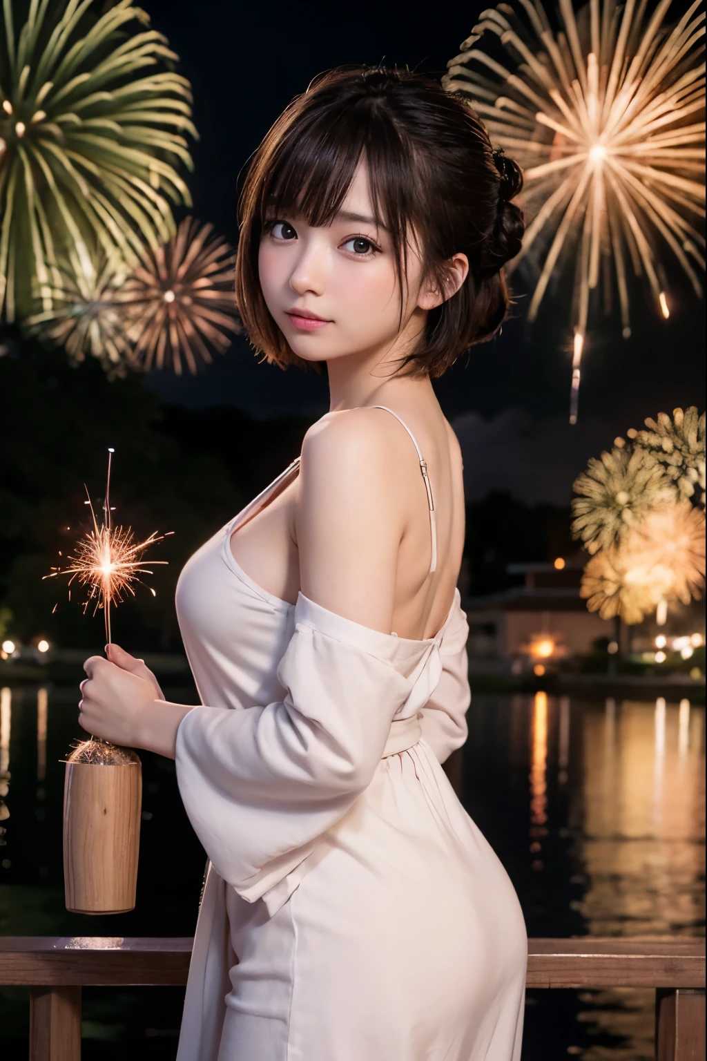 Perfectly Anatomically Correct:1.4, 5 Beautiful finger:1.4, 
Widephoto Lens, 
1 Japanese Girl, Very Short Hair Bun:1.2, Wide-Set Eyes, Very White Skinned, Blush, Bashfully, -Yeld, O Mouse Slightly, 
Cute Eyes, Brown Hair, Amused Smile, [Pouted Cheek], 
(Japanese Sparklers Within Reached Arm:1.2), 
(Point Fireworks at Viewer:1.2), 
Japanese Yukata with Pale Colors:1.4, 
Looking Back Viewer:1.2, from Back, from Side, from Bellow, Full Body, Dynamic Angle, 
Non-Nipple:1.0, 
Riverside Wooden Deck, SFW:1.2, 
 BREAK 
8K, RAW Photo, Best Quality, Masterpiece, Realistic, PhotoRealistic, Extremely Detailed 8K Wallpaper, Beautifully Detailed Eyes, Finely Detailed Face, 
 BREAK 
High-Key Lighting, Professional Lighting, Bokeh:1.0