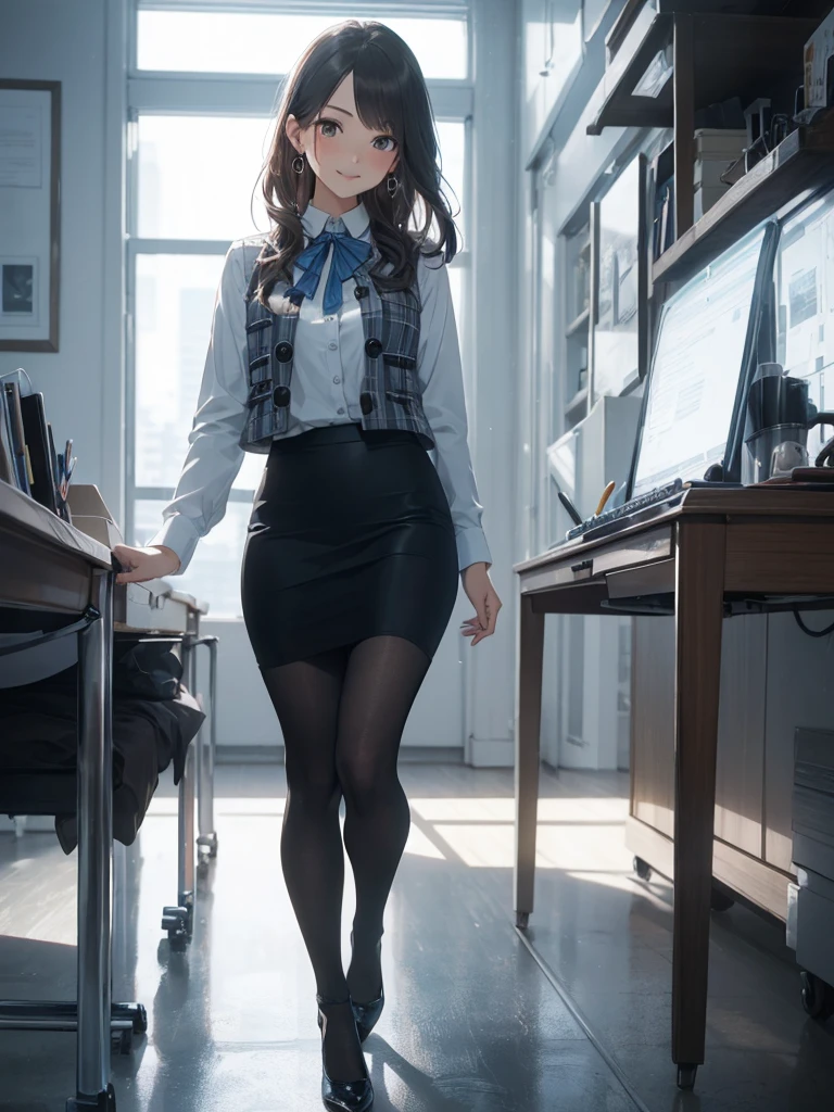 ((((1ladyl,))))  (masterpiece), (realistic), (best quality), (ultra-detailed),  amazing 30 years old wife,  pantyshot, long brown hair, office lady, Wearing a pink plaid vest, White short sleeved shirt, Gray pencil skirt, Wear stiletto heels, Necklace, earrings,  Cute face, Smile, Blushing, Shyness, Glass wall, Ultra Detail, Realistic, Front view, Whole body, (wearing in [[white and gray check pattern]] Vest worn over white collared long-sleeved shirt:1.4), (gray vest with buttons:1.2), (Pink Theme:1.2), (blue ribbon ribbon:1.3), (Black theme:1.4), (Tight black pencil skirt:1.5), ((Brown pantyhose)), (high-heels:1.1),longskirt,office desk, office chair,Lulubre Unity 8K Wallpaper, Beautiful background, clearly, Best Quality, The highest resolution, Best aesthetic,extremely detailed CG unity 8k,
