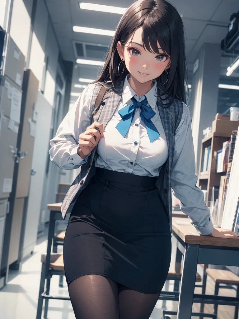 ((((1ladyl,))))  (masterpiece), (realistic), (best quality), (ultra-detailed),  amazing 30 years old wife,  pantyshot, long brown hair, office lady, Wearing a pink plaid vest, White short sleeved shirt, Gray pencil skirt, Wear stiletto heels, Necklace, earrings,  Cute face, Smile, Blushing, Shyness, Glass wall, Ultra Detail, Realistic, Front view, Whole body, (wearing in [[white and gray check pattern]] Vest worn over white collared long-sleeved shirt:1.4), (gray vest with buttons:1.2), (Pink Theme:1.2), (blue ribbon ribbon:1.3), (Black theme:1.4), (Tight black pencil skirt:1.5), ((Brown pantyhose)), (high-heels:1.1),longskirt,office desk, office chair,Lulubre Unity 8K Wallpaper, Beautiful background, clearly, Best Quality, The highest resolution, Best aesthetic,extremely detailed CG unity 8k,