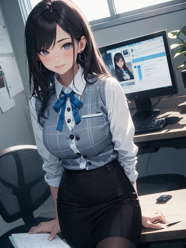 ((((1ladyl,))))  (masterpiece), (realistic), (best quality), (ultra-detailed),  amazing 30 years old wife,  pantyshot, long brown hair, office lady, Wearing a pink plaid vest, White short sleeved shirt, Gray pencil skirt, Wear stiletto heels, Necklace, earrings,  Cute face, Smile, Blushing, Shyness, Glass wall, Ultra Detail, Realistic, Front view, Whole body, (wearing in [[white and gray check pattern]] Vest worn over white collared long-sleeved shirt:1.4), (gray vest with buttons:1.2), (Pink Theme:1.2), (blue ribbon ribbon:1.3), (Black theme:1.4), (Tight black pencil skirt:1.5), ((Brown pantyhose)), (high-heels:1.1),longskirt,office desk, office chair,Lulubre Unity 8K Wallpaper, Beautiful background, clearly, Best Quality, The highest resolution, Best aesthetic,extremely detailed CG unity 8k,
